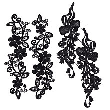 Gorgecraft Lace Embroidery Sewing Fiber, DIY Garment Accessories, Flower, Black, 280x71x1.7mm; 282x80.5x1.5mm; 2pairs/set