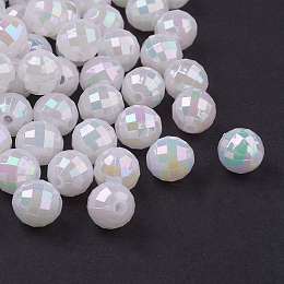 Honeyhandy Plating Eco-Friendly Poly Styrene Acrylic Beads, White, AB color, Faceted Round, about 8mm in diameter, hole: 1mm, about 2000pcs/500g