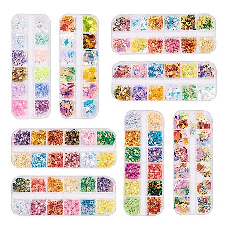 Laser Shining Nail Art Glitter, Manicure Sequins, DIY Sparkly Paillette Tips Nail, Packing Box, Mixed Shapes, Mixed Color, 2.5x2.5x0.3mm; 8boxs/set