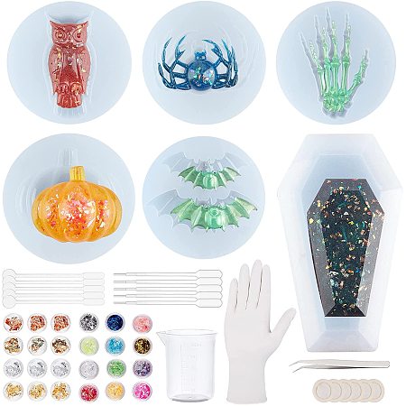 Halloween Theme, DIY Silicone Mold Kits, Include 100ml Measuring Cups, Plastic Round Stirring Rod & Transfer Pipettes & 304 Stainless Steel Beading Tweezers, Mixed Color, 55x11mm