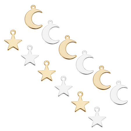 Unicraftale 304 Stainless Steel Charms & Pendants, Star/Moon, Golden & Stainless Steel Color, 11.5~16x9.5~11x1mm, Hole: 1.4mm, 80pcs/box