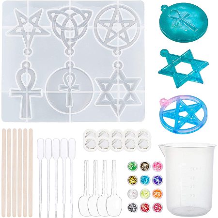 DIY Star of David & Ankh Cross Silicone Pendant Molds, Resin Casting Molds, with Plastic Transfer Pipettes & Measuring Cup & Spoons, Latex Finger Cots, Nail Art Sequins, Mixed Color, 130x145x8mm, 1pc