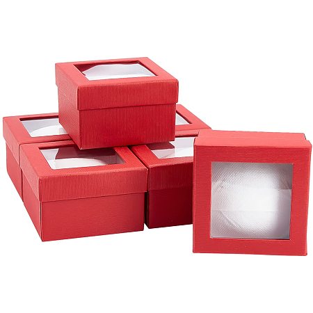 Paper Gift Box for Watch, with Sponge & Clear Window, Square, Red, 9x9x6cm