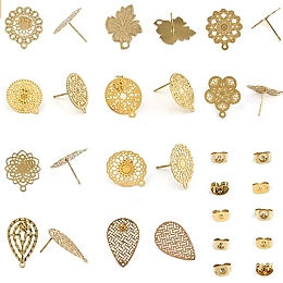 SUNNYCLUE Brass Stud Earring Findings, with Loop and Ear Nuts, Flat Round, Real 18K Gold Plated, 40pcs/box