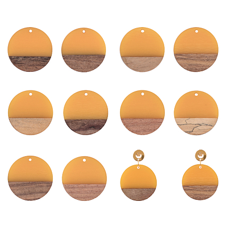Ornaland Resin & Wood Pendants, Flat Round, Gold, 28.5x3.5~4mm, Hole: 1.5mm, 10pcs/box