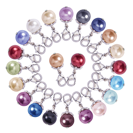 PandaHall Elite 54 Pcs Round Glass Pearl Dangle Charms Pendant with Lobster Claw Clasp Length 26mm for Jewelry Making 18 Colors