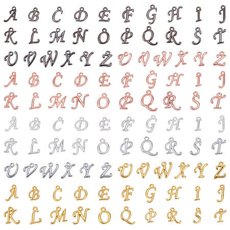 SUNNYCLUE Rack Plating Alloy Charms, Alphabet, Letter A~Z, Gunmetal & Golden & Rose Gold & Silver, Letter A~Z, 12~17x4~15x2mm, Hole: 1.5mm, 4colors, 1set/color, 26pcs/set, 4sets/box, 104pcs/box
