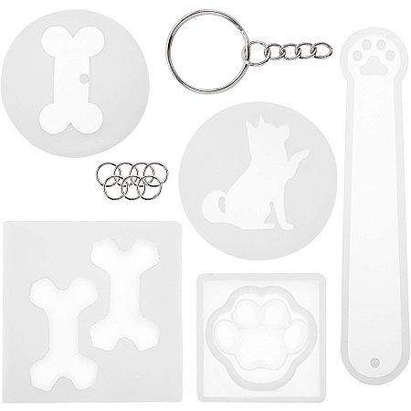 DIY Keychain Making, with Food Grade Silicone Molds, Iron Split Key Rings and Iron Close but Unsoldered Jump Rings, Clear, Molds: 5pcs/set
