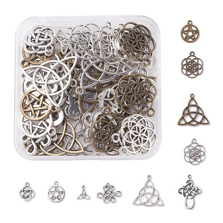 SUNNYCLUE 1 Box 60Pcs 10 Styles Celtic Knot Charms Pendants Pagan Chinese Trinity Knot Flower of Life Chakra Tibetan Style Alloy Hollow Pendants for Crafts Making Supplies, Antique Silver Bronze
