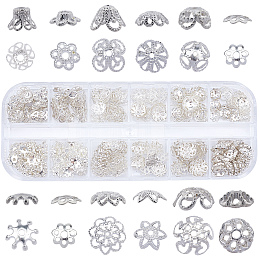 SUNNYCLUE Iron & Brass & Alloy Bead Caps, Flower, Silver, 130x50x15mm, 240pcs/box