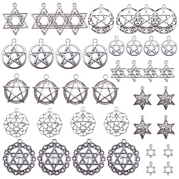 SUNNYCLUE Tibetan Style Alloy Pendants, Flat Round with Star, Antique Silver, 40pcs/set