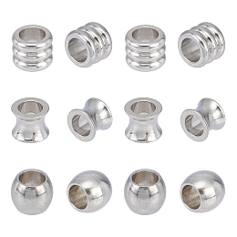 Unicraftale 304 Stainless Steel European Beads, Large Hole Beads, Vase/Column/Barrel, Stainless Steel Color, 10x8mm, Hole: 6mm; 3 shapes, 10pcs/shape, 30pcs/box