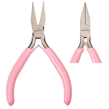 SUNNYCLUE 45# Carbon Steel Jewelry Pliers, Flat Nose Pliers, Polishing, Pink, 12.8x7.65x0.9cm