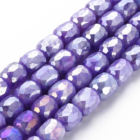 Arricraft Opaque Baking Painted Glass Beads Strands, Imitation Stones, Faceted, AB Color Plated, Column, Medium Purple, 8x8mm, Hole: 1.2mm, about 60pcs/strand, 19.69 inch(50cm)