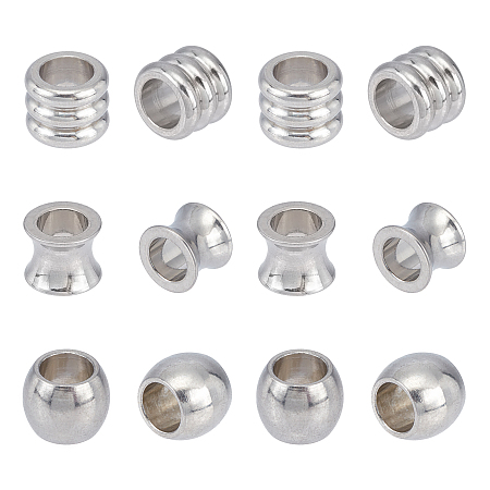 Unicraftale 304 Stainless Steel European Beads, Large Hole Beads, Vase/Column/Barrel, Stainless Steel Color, 10x8mm, Hole: 6mm; 3 shapes, 10pcs/shape, 30pcs/box
