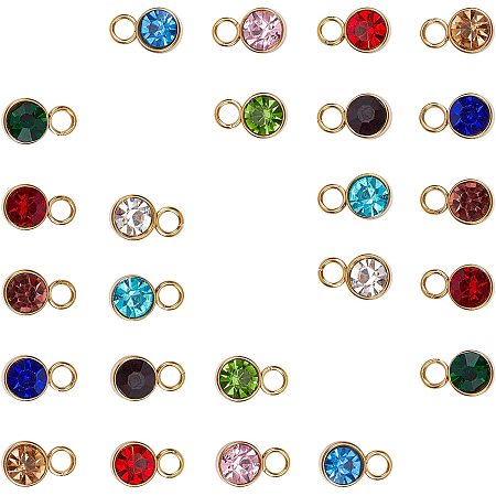 SUNNYCLUE Glass Rhinestone Charms, Birthstone Charms, with Golden Tone 304 Stainless Steel Findings, Flat Round, Mixed Color, 10x6x5mm, Hole: 2mm, 24pcs/box