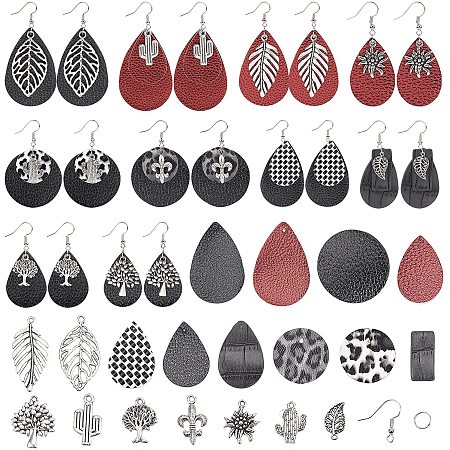 SUNNYCLUE DIY PU Leather Dangle Earring Making Kits, include PU Leather & Alloy Pendants, Iron Close but Unsoldered Jump Rings and Brass Earring Hooks, Mixed Color