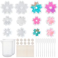 Olycraft DIY Sakura Silicone Molds Kits, Include Birch Wooden Craft Ice Cream Sticks and Plastic Transfer Pipettes, Latex Finger Cots, Plastic Measuring Cup, Clear, 31.5x31.5x7.5mm, Inner Diameter: 26mm; 2pcs