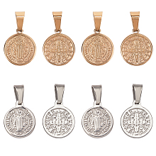 Unicraftale Vacuum Plating 304 Stainless Steel Pendants, Flat Round with Saint Benedict Medal, Golden & Stainless Steel Color, 16x13x2mm, Hole: 4x6mm; 2 colors, 4pcs/color, 8pcs/box