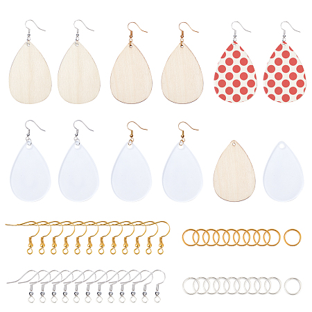 SUNNYCLUE DIY Dangle Earring Makings, with Blank Acrylic/Unfinished Wood Big Pendants, Brass Earring Hooks and Iron Jump Rings, Teardrop, Mixed Color, 54.5x36.5x2mm