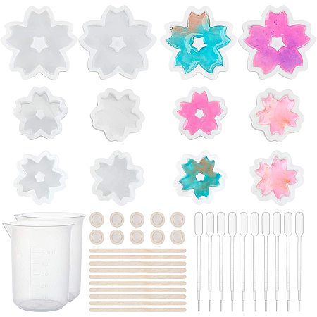 Olycraft DIY Sakura Silicone Molds Kits, Include Birch Wooden Craft Ice Cream Sticks and Plastic Transfer Pipettes, Latex Finger Cots, Plastic Measuring Cup, Clear, 31.5x31.5x7.5mm, Inner Diameter: 26mm; 2pcs
