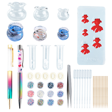 Olycraft DIY Gift Pens Makings, with Plastic Empty Tube Floating Pens, Blown Glass Beads, Epoxy Resin Material Ocean Filling, ABS Plastic Cabochons, Silicone Molds, Bamboo Sticks, Clear, 60~70mm