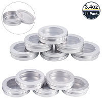 BENECREAT 14 Pack 3.4 OZ Tin Cans Screw Top Round Aluminum Cans Screw Lid Containers with Clear Window - Great for Store Spices, Candies, Tea or Gift Giving (Platinum)