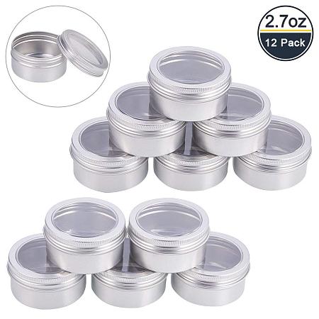 BENECREAT 12 Pack 2.7 OZ Tin Cans Screw Top Round Aluminum Cans Screw Lid Containers with Clear Window - Great for Store Spices, Candies, Tea or Gift Giving (Platinum)