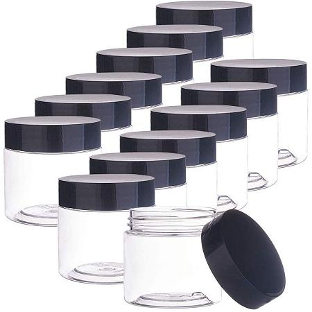 PandaHall Elite 18 pcs 60ml(2 Oz) Empty Clear Plastic Slime Storage Favor Jars Wide-Mouth Sample Containers Round Cosmetic Travel Pot with Black Screw Cap Lids for Beads Jewelry Make Up Nails Art
