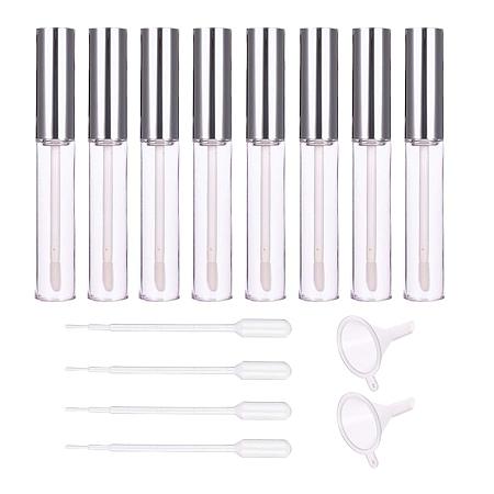BENECREAT 8PCS 10ML Empty Lip Gloss Containers Tubes with Silver Lids Brush Tip Applicator Wand, Funnel, Eye Dropper and Rubber Inserts for DIY Cosmetic Lip Gloss Makeup