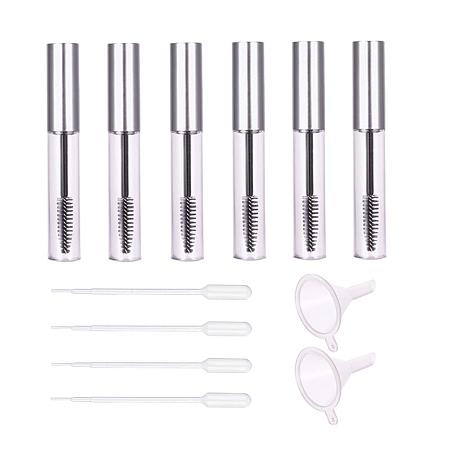 BENECREAT 6PCS 10ML Empty Mascara Eyelash Tubes with Eyelash Wand, Funnel, Transfer Pipettes and Rubber Inserts for Castor Oil DIY Mascara Project with Silver Cap