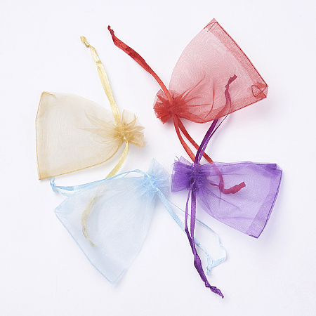Honeyhandy 4 Colors Organza Bags, with Ribbons, Rectangle, Red/Dark Orchid/Sky Blue/Goldenrod, Mixed Color, 9~9.5x6.5~7cm, 25pcs/color, 100pcs/set
