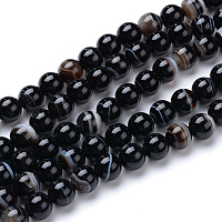 Honeyhandy Natural Striped Agate/Banded Agate Bead Strands, Dyed, Round, Black, 6mm, Hole: 1mm, about 70pcs/strand, 15.7 inch
