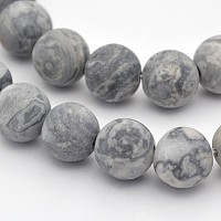Honeyhandy Natural Map Stone/Picasso Stone/Picasso Jasper Beads Strands, Round, Frosted, Dark Gray, 6mm, Hole: 1mm, about 59pcs/strand, 15 inch