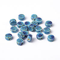Honeyhandy Handmade Printed Porcelain Beads, Flat Round, Dodger Blue, 9x5mm, Hole: 2mm