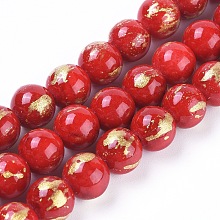 Honeyhandy Natural Jade Beads Strands, with Gold Foil, Dyed, Round, Red, 8mm, Hole: 1mm, about 50pcs/strand, 15.75 inch(40cm)