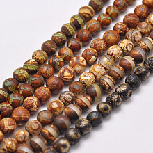 Honeyhandy Natural Tibetan Style dZi Beads Strands, Dyed & Heated, Matte Style, Round, Mixed Patterns, about 6mm, Hole: 2mm, about 32pcs/strand, 6.9 inch