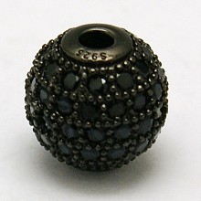 Honeyhandy Round 925 Sterling Silver Beads, with Micro Pave Cubic Zirconia, Gunmetal, 6mm, Hole: 1mm