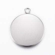 Honeyhandy 304 Stainless Steel Pendant Cabochon Settings, Flat Round, Stainless Steel Color, Tray: 25mm, 32x27x2mm, Hole: 3mm