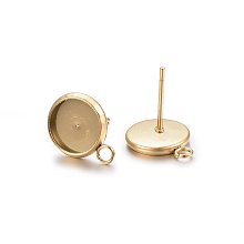 Honeyhandy Ion Plating(IP) 304 Stainless Steel Stud Earring Settings, with Loop, Flat Round, Golden, Tray: 12mm, 17x14x2mm, Hole: 1.8mm, Pin: 0.8mm