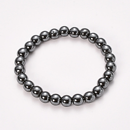 Honeyhandy Non-magnetic Synthetic Hematite Beaded Stretch Bracelets, Round, 2-1/8 inch(55mm), Bead: 8~9mm