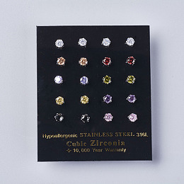 Honeyhandy Cubic Zirconia Stud Earrings, with 304 Stainless Steel Findings, Mixed Color, 13.5x4mm, Pin: 0.6mm