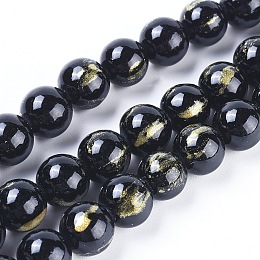 Honeyhandy Natural Jade Beads Strands, with Gold Foil, Dyed, Round, Black, 6mm, Hole: 1mm, about 70pcs/strand, 15.75 inch(40cm)