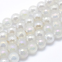 Honeyhandy Electroplated Natural Agate Beads Strands, Round, Faceted, White, 8mm, Hole: 1mm, about 48~49pcs/strand, 15.1~15.5 inch(38.5~39.5cm)