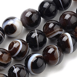 Honeyhandy Natural Striped Agate/Banded Agate Beads Strands, Dyed, Round, Coconut Brown, 10mm, Hole: 1mm, about 37pcs/strand, 14.96 inch(38cm)