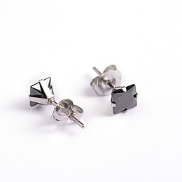 Honeyhandy Square Cubic Zirconia Stud Earrings, with 304 Stainless Steel Pins, Black, 6.5x6mm, Pin: 0.9mm