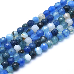 Honeyhandy Natural Agate Beads, Dyed, Faceted Round, Blue, 6mm, Hole: 1mm, about 61pcs/strand, 14.3 inch(36.5cm)