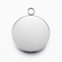 Honeyhandy 304 Stainless Steel Pendant Cabochon Settings, Flat Round, Stainless Steel Color, Tray: 20mm, 26.5x22x2mm, Hole: 3mm