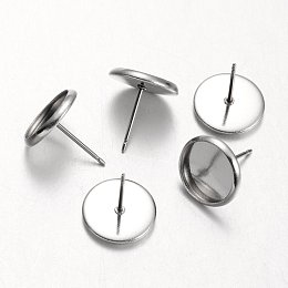 Honeyhandy Flat Round Stainless Steel Stud Earring Settings, Stainless Steel Color, Tray: 10mm, 12mm, Pin: 0.7mm