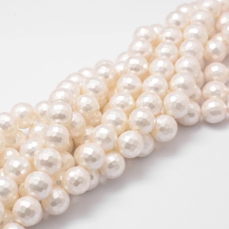 ARRICRAFT Shell Pearl Bead Strands, Grade A, Faceted Round, Floral White, 14mm, Hole: 1mm, about 28~29pcs/strand, 16 inches.